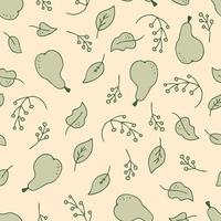 Hand drawn seamless pattern of pears, leaves and branches of berries. vector