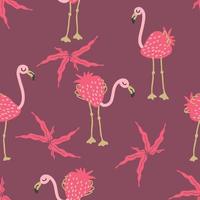 Exotic strawberry flamingo and leaves seamless pattern. vector