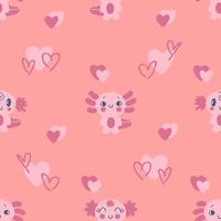 Romantic valentine seamless pattern with axolotls and hearts. vector