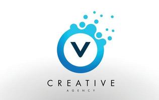 v Letter Logo. Blue Dots Bubble Design Vector