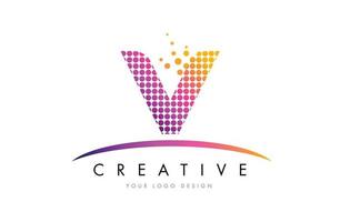 V Letter Logo Design with Magenta Dots and Swoosh vector