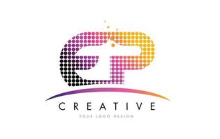 EP E P Letter Logo Design with Magenta Dots and Swoosh vector