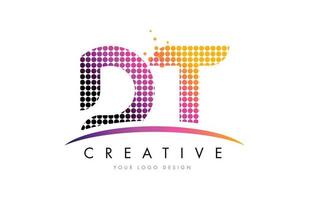 DT D T Letter Logo Design with Magenta Dots and Swoosh vector