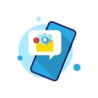 Nueva notificación por correo electrónico en el dispositivo de teléfono móvil o smartphone concepto ilustración diseño plano vector eps10. elemento gráfico para aplicación o sitio web ui ux