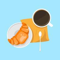 desayuno italiano, croissant con una taza de café ilustración de diseño plano en la vista superior. stock vector eps10