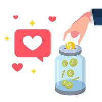 hand put coin into jar or charity box for donation concept illustration flat design vector eps10, graphic element for banner, button, infographic, empty state app or web ui, etc