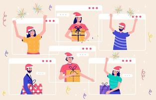 Banner de Navidad con gente sosteniendo presente y confeti. hombres y mujeres en línea celebrando el año nuevo en el chat de video. ilustración vectorial en estilo de moda de dibujos animados. vector