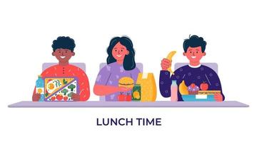 Boys and girls having breakfast or lunch meals. Kids, people eating, drinking healthy food, drinks. Children school lunch boxes with meal, hamburger, sandwich, juice, snacks, fruit, vegetables. Vector