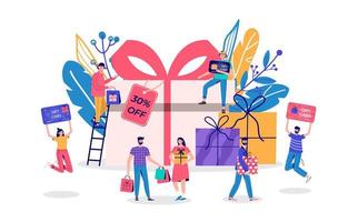 Seasonal discount website sale banner with people holding shopping bag. Promotion of online store loyalty program, bonus, reward, discount card, coupon or voucher. Modern flat vector for advertisement