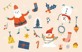 vector conjunto de acogedoras decoraciones navideñas con muñecos de nieve y santa. paquete de chuchería, corona, regalos, calcetines, abeto. Ilustración de niños. colección de moda de álbum de recortes