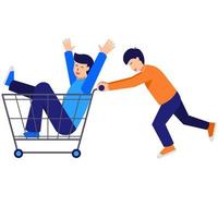 Happy teenager having fun while  shopping in supermarket. Happy young man pushing a shopping cart with his friend inside. sale vector