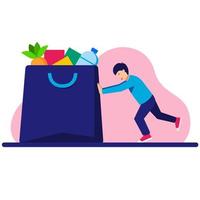man pushing a giant shopping bag. buy a lot of things when discount vector