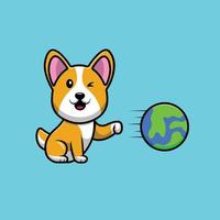 Cute Corgi Dog Punch Planet Cartoon Vector Icon Illustration. Animal Science Icon Concept Isolated Premium Vector. Flat Cartoon Style