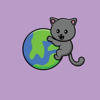 Cute Cat On Earth Cartoon Vector Icon Illustration. Animal Icon Concept Isolated Premium Vector. Flat Cartoon Style
