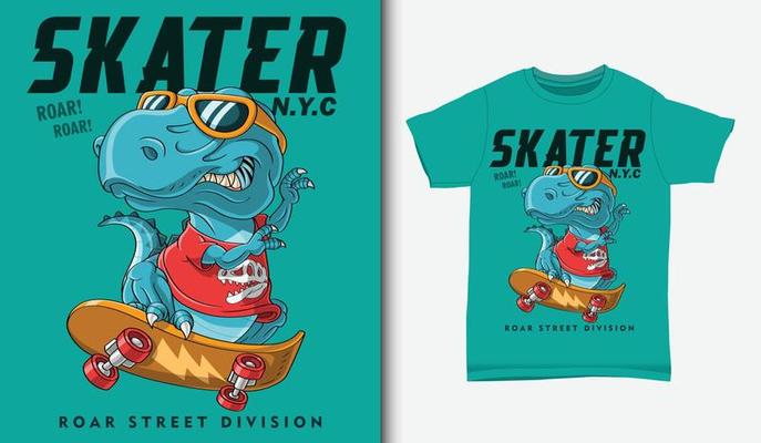 Cool dinosaur playing skateboarding illustration with t-shirt design.