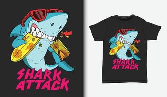 Shark surfing attack illustration. with t shirt design vector
