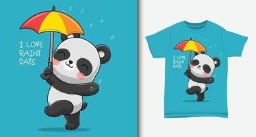 Cute panda in rainy days. with t-shirt design. vector