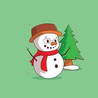 lindo muñeco de nieve con ilustración de icono de vector de árbol vector premium