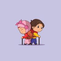 Cute Muslim young couple meeting each other while climbing the mountain together cute flat cartoon style Premium Vector