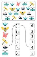 juego educativo de matemáticas para niños. hoja de cálculo de matemáticas para niños con insectos de colores, mariposas, escarabajos, flores. vector, estilo de dibujos animados. vector