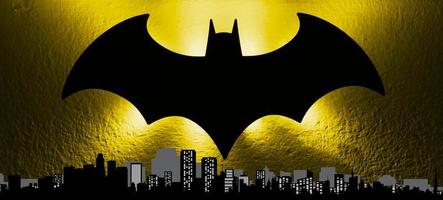 Bologna, Italy, 2017 - The bat signal light from the Gotham cityscape to celebrate the Batmans birthday. Batman day concept.