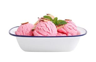 ice cream scoops in white cup on white background photo