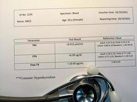 Informe anormal de hormona tiroidea aislada con estetoscopio. El hipertiroidismo ocurre cuando la glándula tiroides produce demasiada hormona. foto