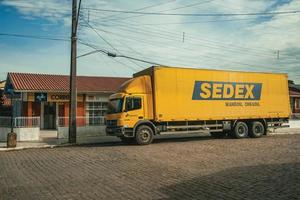 Cambara do Sul, Brazil, July 19, 2019. Sedex truck, an express delivery service from the Brazilian Postal Service, near a post office in Cambara do Sul. A town with amazing natural tourist attractions