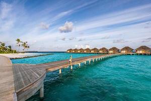 Luxury vacation in Maldives, water bungalow villa with jetty tropical island beach, shore. luxury tropical resort or hotel with water villas and beautiful beach scenic photo