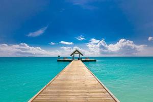 Maldives paradise scenery. Tropical aerial landscape, seascape with long jetty, water villas with amazing sea and lagoon beach, tropical nature. Exotic tourism destination banner, summer vacation photo