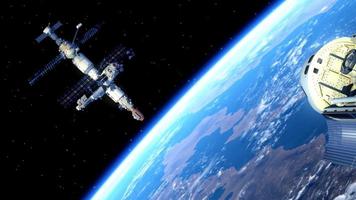 Planet Erde Globus und Space Shuttle Satelliten Raumschiff futuristische Hintergrundtechnologie Entdeckung