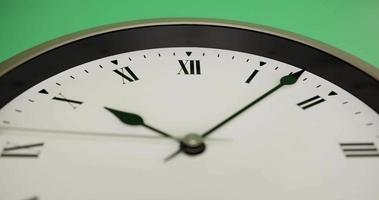 Close up, The white wall clock shows the passage of time. The short hand and the long hand are working to move the time. On the green background.