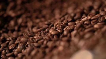 close-up freshly roasted coffee beans from a large coffee roaster in mixing cooling machine industrial cafe video