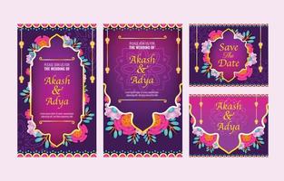 conjunto de plantillas de invitación de boda india vector