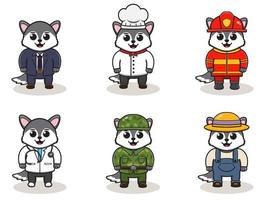 Vector illustration with cute Wolf of different professions