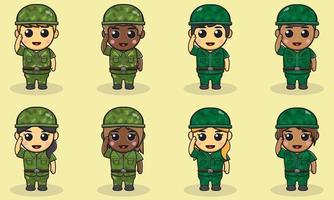 Ilustración vectorial de dibujos animados lindo soldado con pose de saludo.