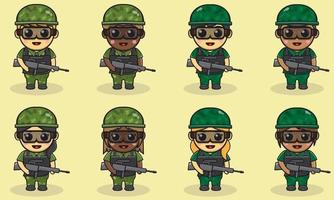 Ilustración vectorial de dibujos animados lindo soldado con chaleco sosteniendo pistola vector