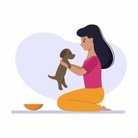 A girl plays with a cute puppy. A woman and a pet. Vector character in a flat style.