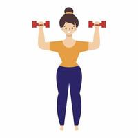 A girl with dumbbells does an exercise on her hands. vector