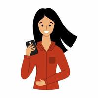 Girl with dark hair is holding smartphone. vector