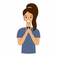 The girl reads the message in the smartphone. A woman with a phone, vector