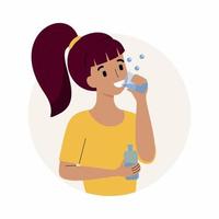 The girl uses a mouthwash. Dental and oral hygiene. vector