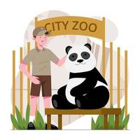 cuidador del zoológico juega con panda vector