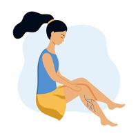 A girl with varicose veins. A woman with pain in her legs and blood vessels. vector