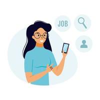 Girl is looking for job. Concept of job search and employment. Woman with smartphone. vector