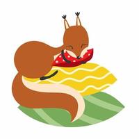 Cute squirrel sleeps on  pillow. Vector illustration for  poster in    nursery. Drawing for children.