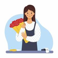 Woman florist holds bouquet of roses. Vector illustration in cartoon style.