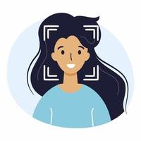 tecnología de reconocimiento y escaneo facial. protección y seguridad digital. mujer joven en estilo plano. vector