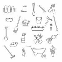 Large set with icons on theme of gardening and planting plants. Vector illustration in doodle style.