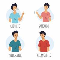 Man with  different type of temperament. Choleric, sanguine, melancholic, and phlegmatic. Sets of vector illustrations.